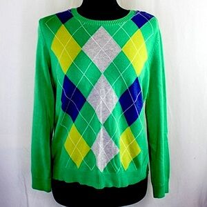 IZOD 👚 Long Sleeve Sweater Argyle Cotton Green Yellow Grey